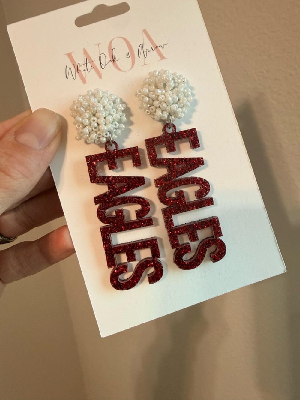 WOA Red 'EAGLES' Glitter Drop Earrings with Beaded‎ Stud